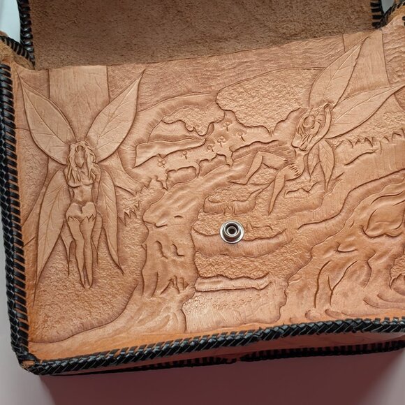 Vintage Hand Tooled Leather Purse Crossbody Shoulder Bag W/ Lily Flower & Fairy - Picture 5 of 14